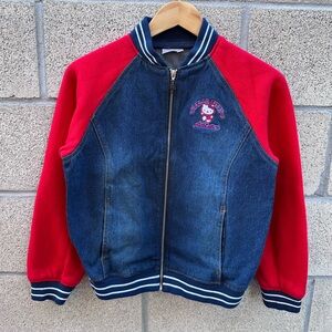 Vintage Y2K Hello Kitty Denim Bomber Jacket Girls L 14/16 Red Blue Zip Sanrio